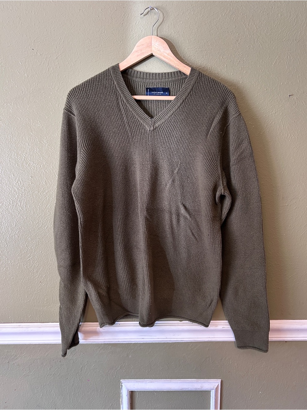Men's Lucky Brand V-Neck Knit Sweater - Olive Green Medium